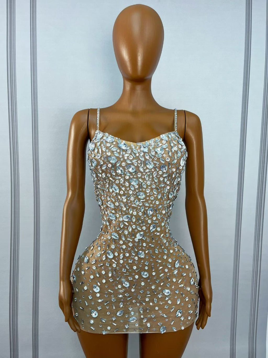 CELESINYI Xingshanshan Crystal Sparkle Mini Dress (Nude)