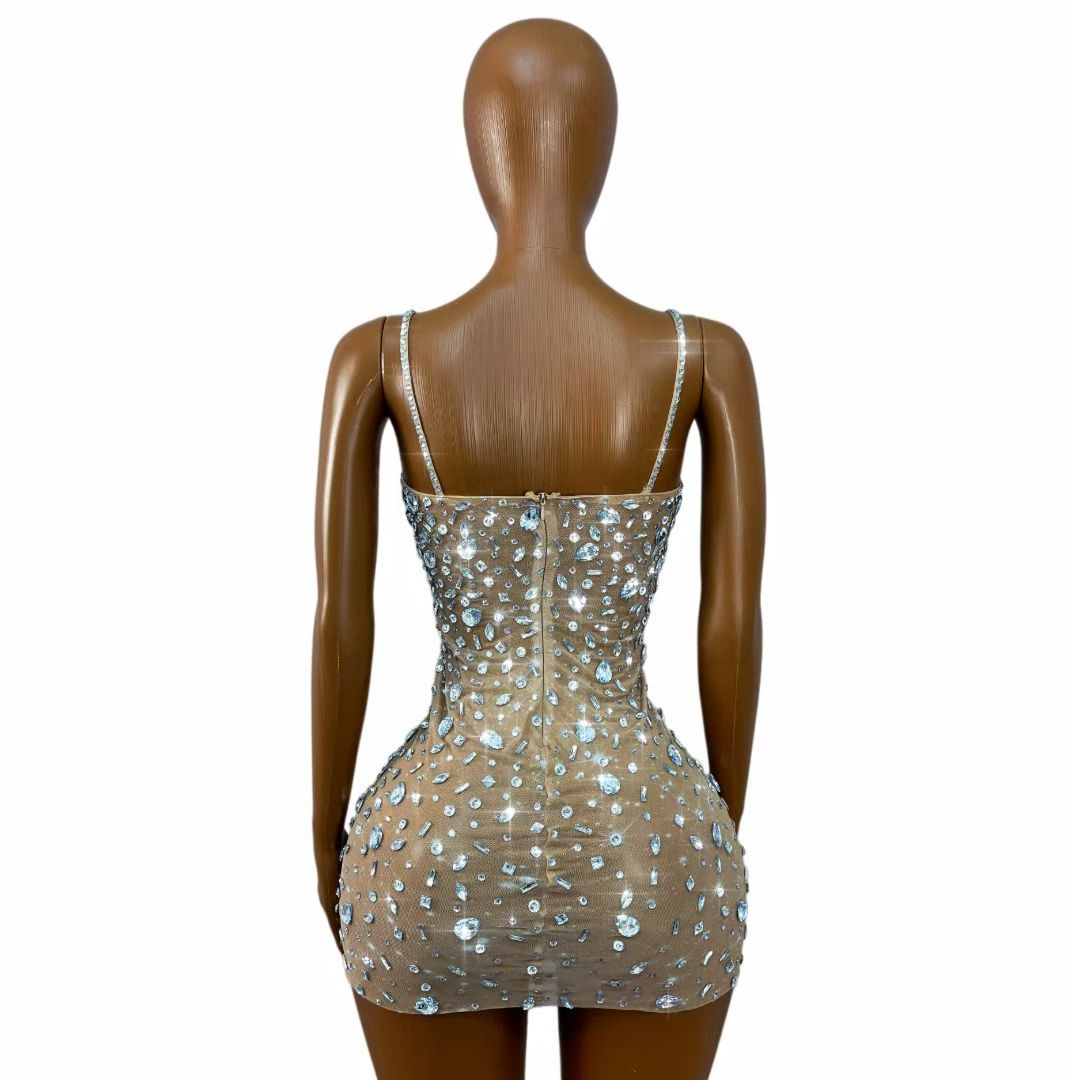 CELESINYI Xingshanshan Crystal Sparkle Mini Dress (Nude)