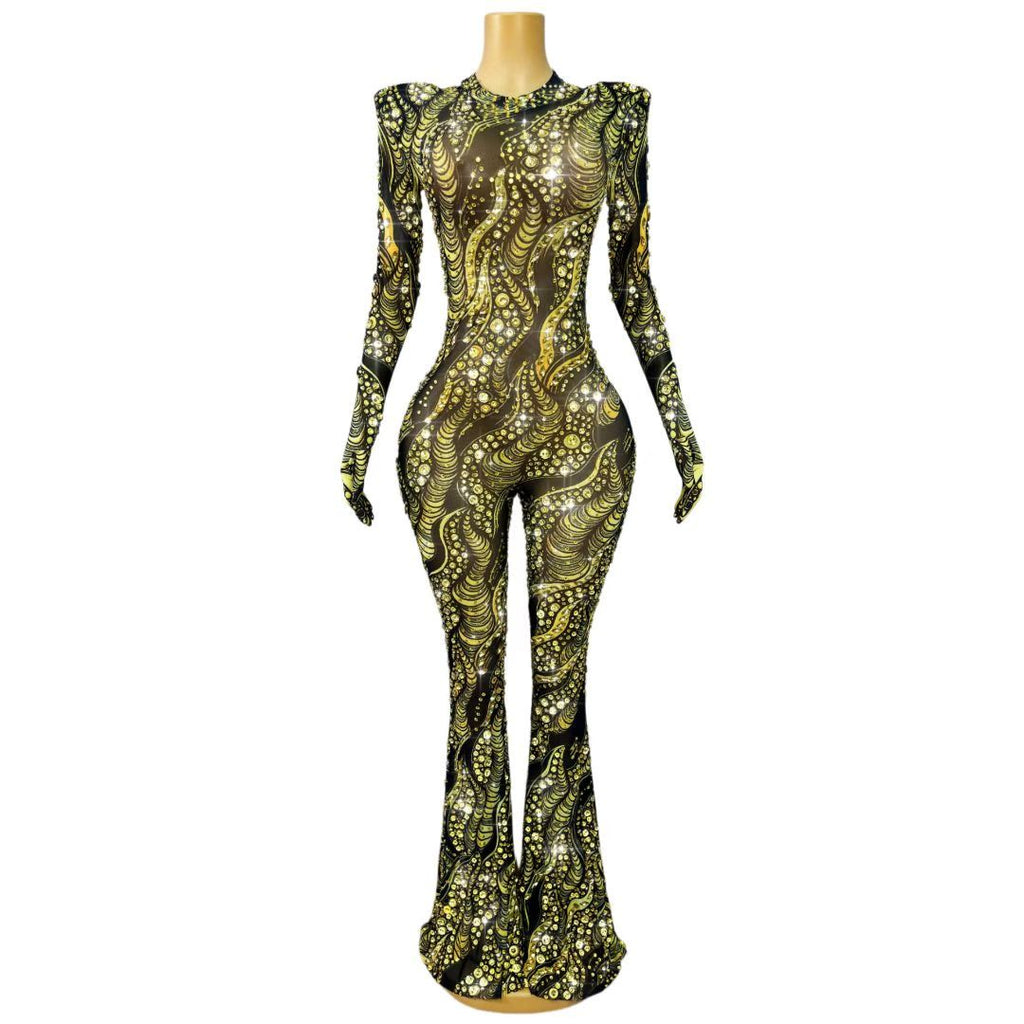 CELESINYI Jincanyong Crystal Gold Swirl Jumpsuit