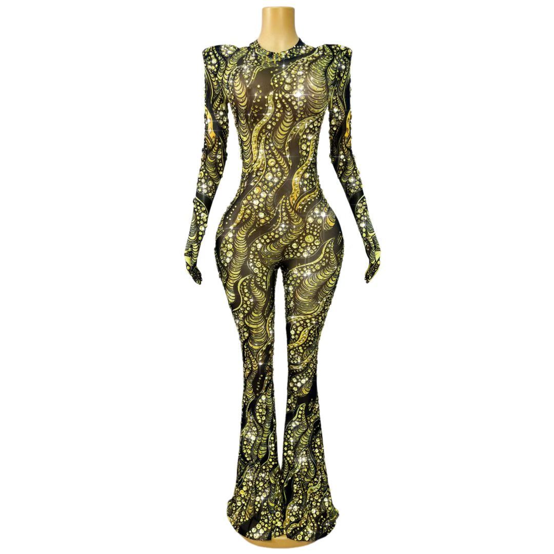 CELESINYI Jincanyong Crystal Gold Swirl Jumpsuit