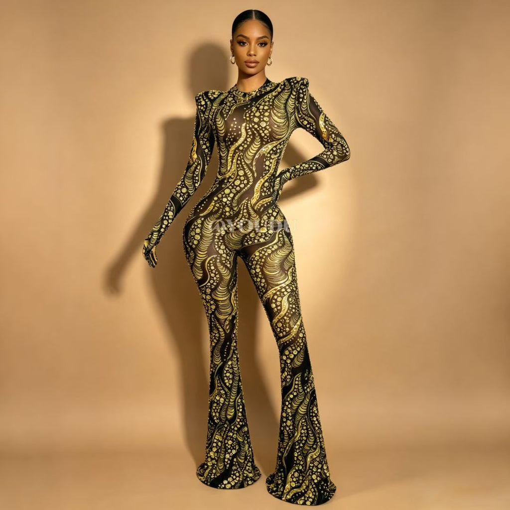 CELESINYI Jincanyong Crystal Gold Swirl Jumpsuit