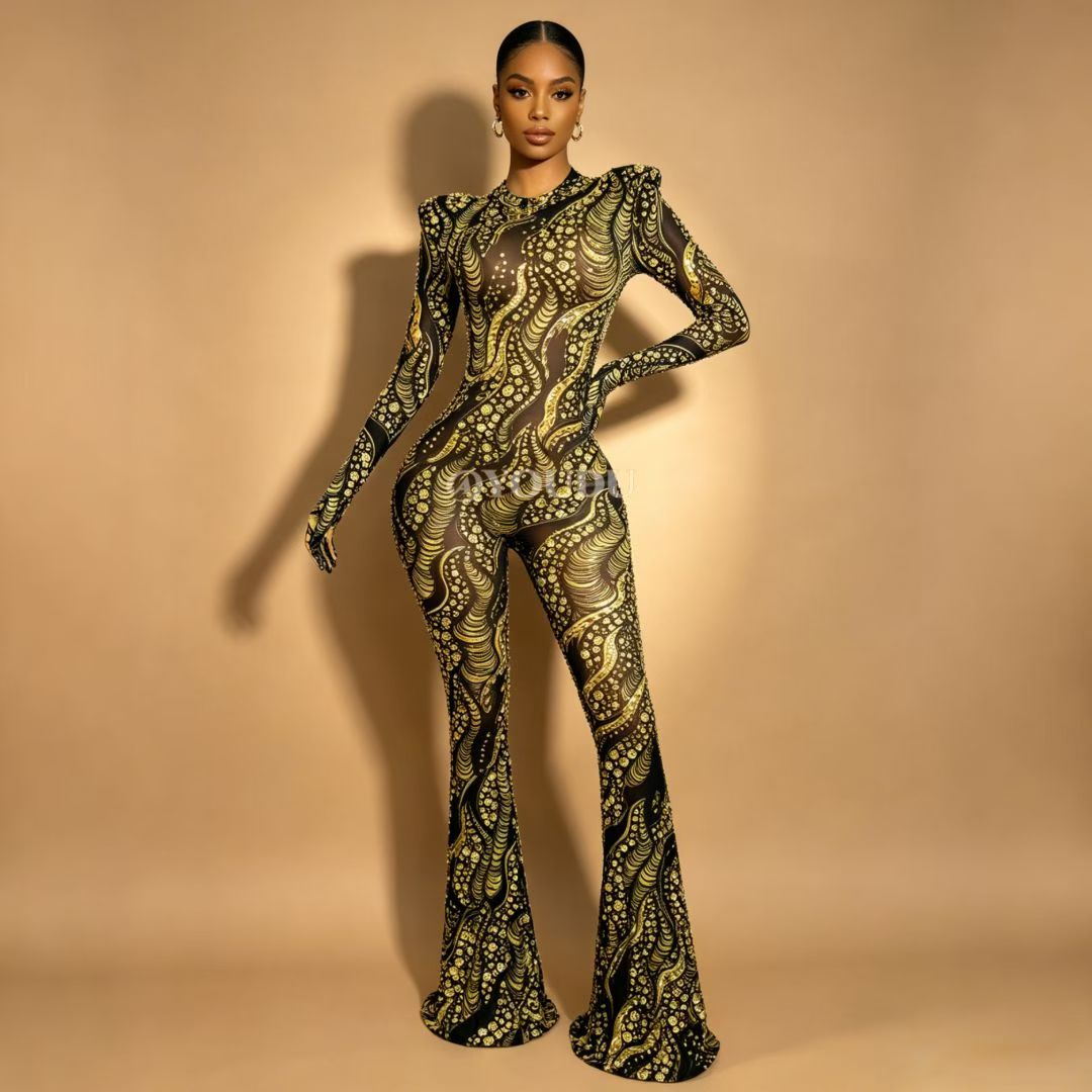 CELESINYI Jincanyong Crystal Gold Swirl Jumpsuit