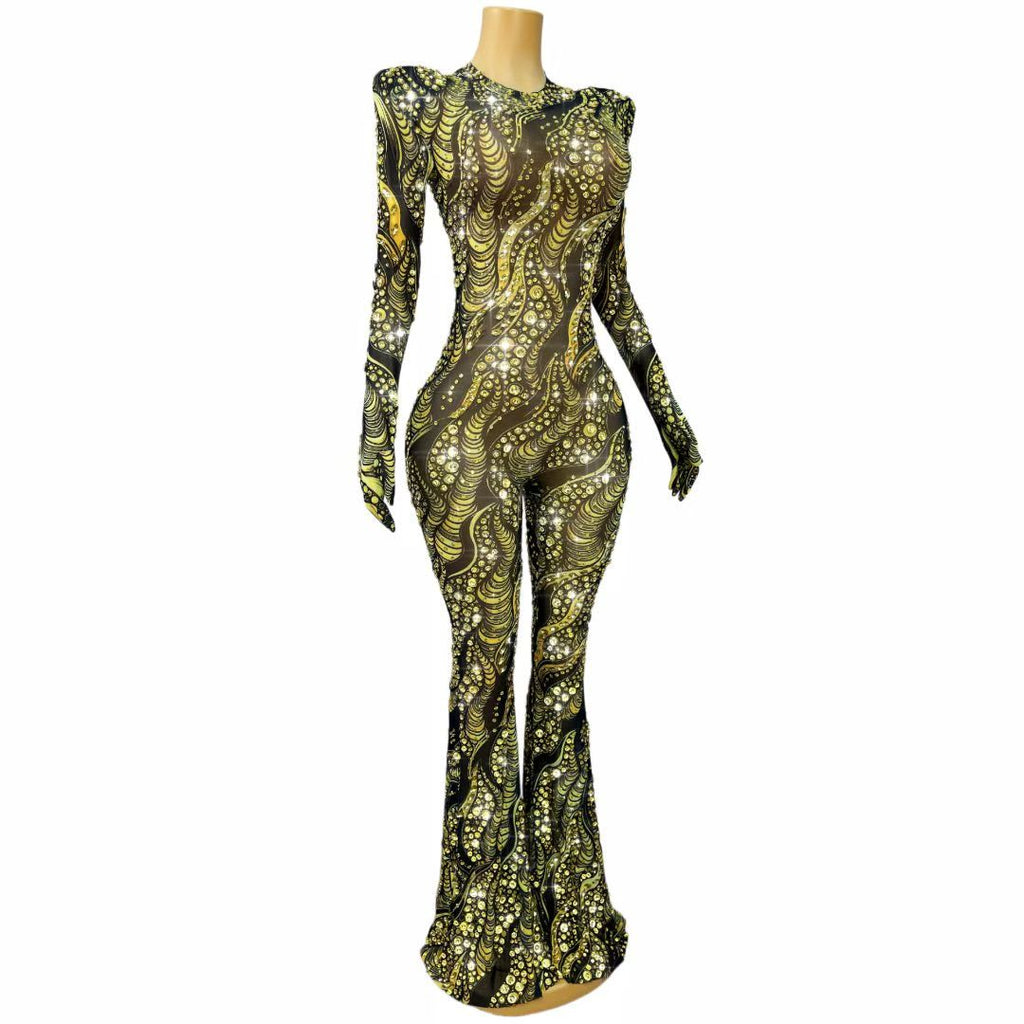 CELESINYI Jincanyong Crystal Gold Swirl Jumpsuit