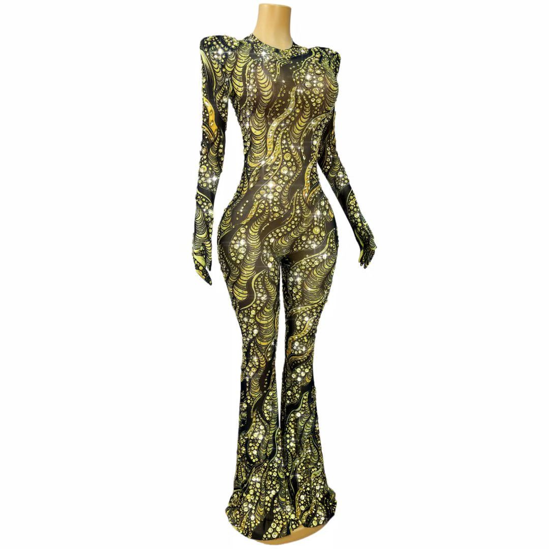 CELESINYI Jincanyong Crystal Gold Swirl Jumpsuit