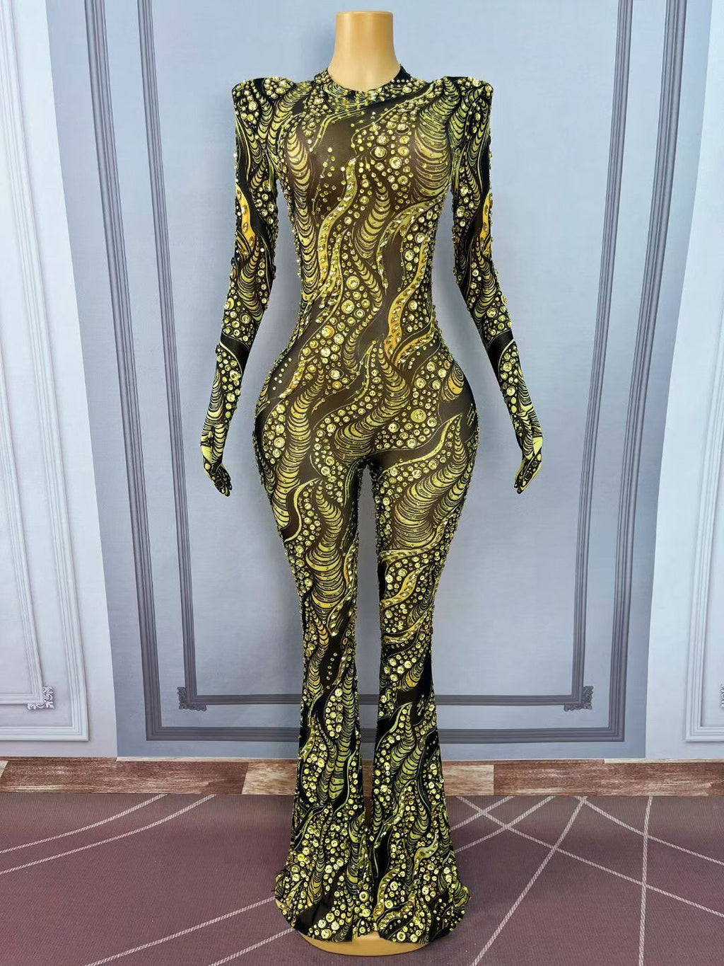 CELESINYI Jincanyong Crystal Gold Swirl Jumpsuit