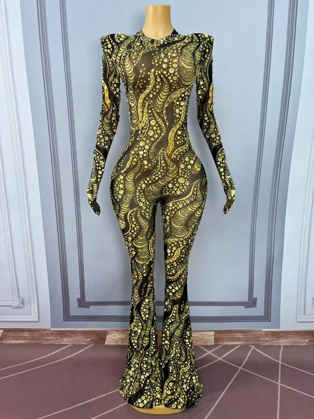 CELESINYI Jincanyong Crystal Gold Swirl Jumpsuit