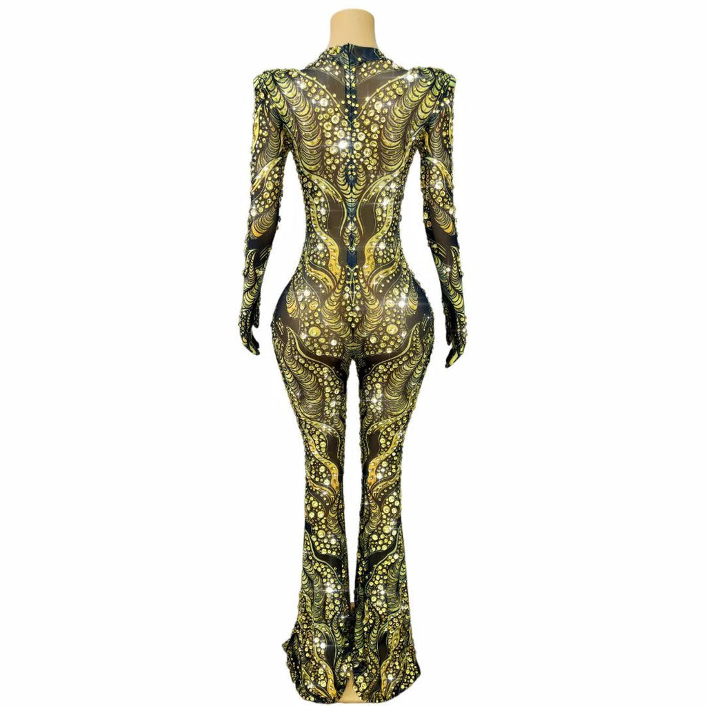 CELESINYI Jincanyong Crystal Gold Swirl Jumpsuit