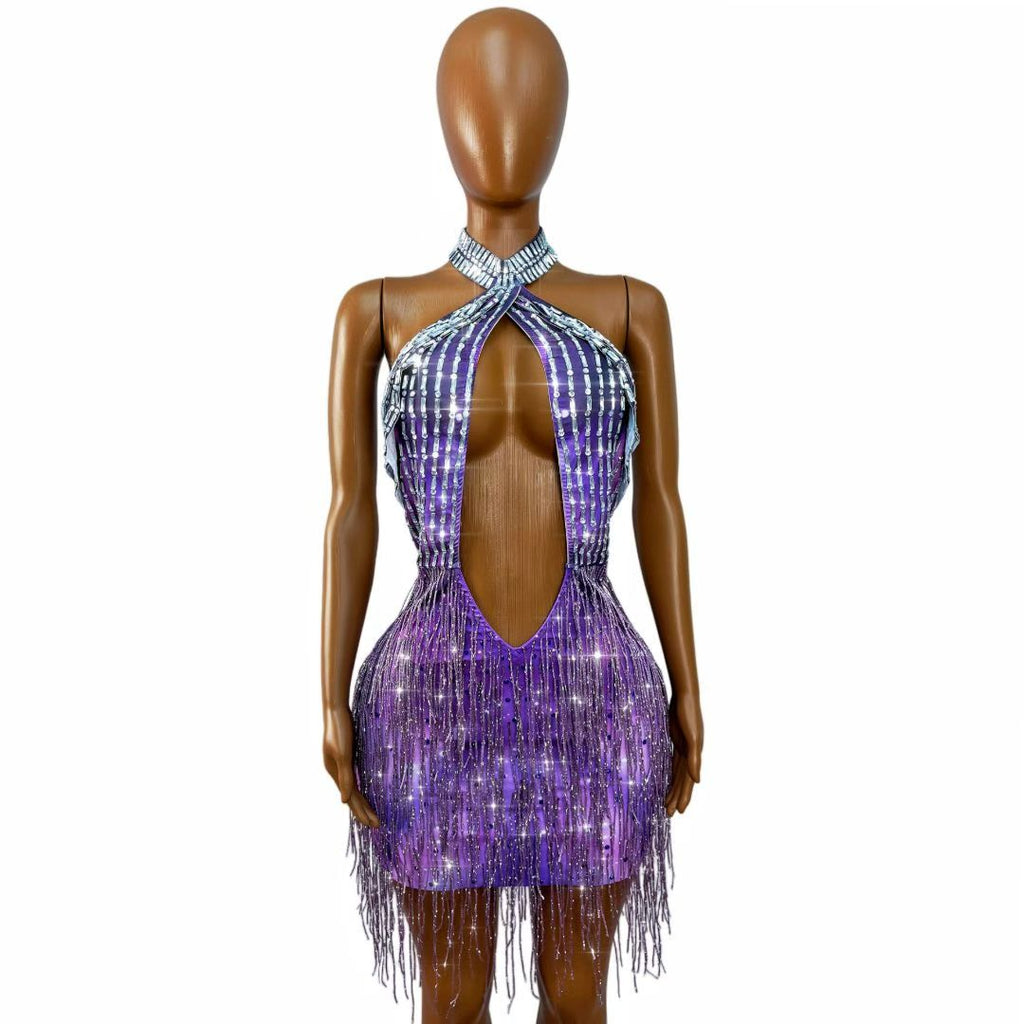 CELESINYI Ziyangguang Crystal Purple Fringe Mini Dress