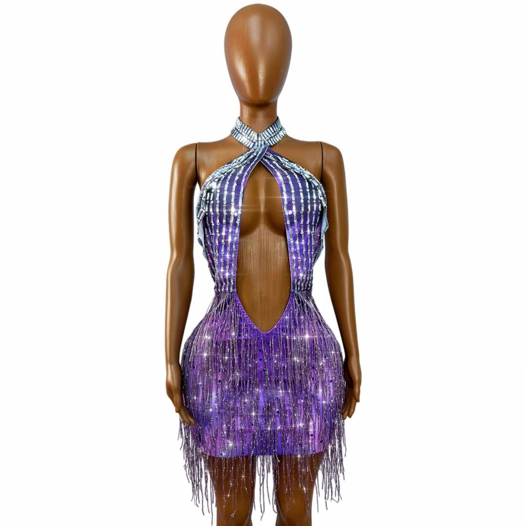 CELESINYI Ziyangguang Crystal Purple Fringe Mini Dress