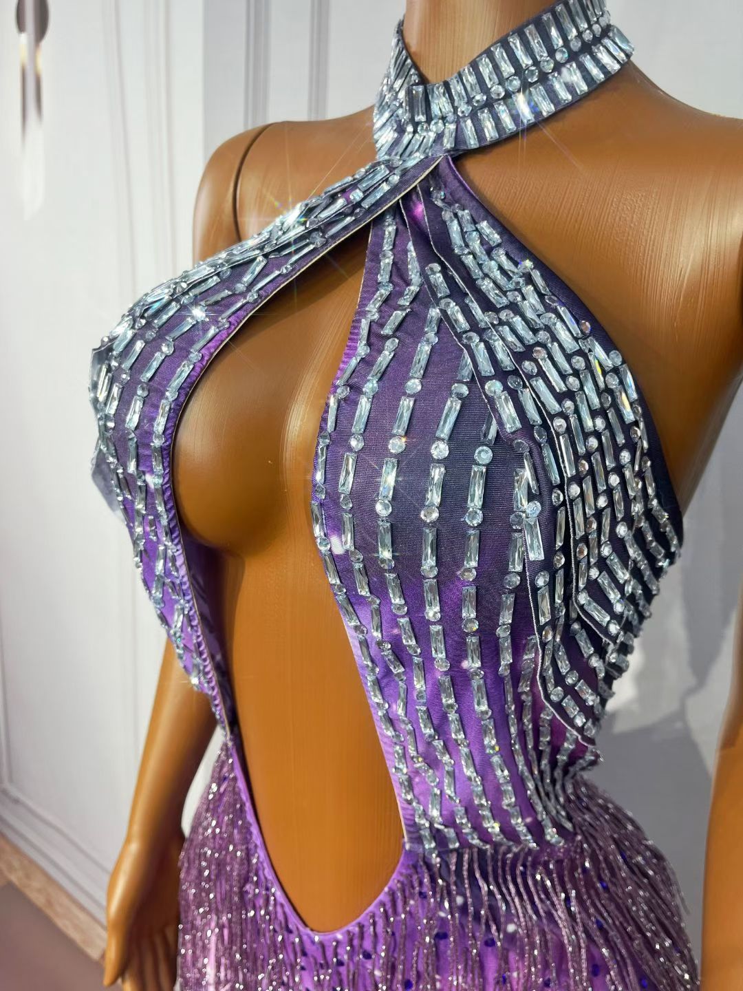 CELESINYI Ziyangguang Crystal Purple Fringe Mini Dress