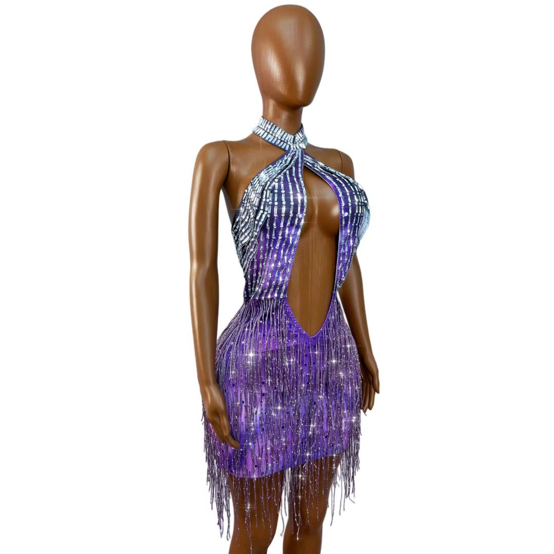 CELESINYI Ziyangguang Crystal Purple Fringe Mini Dress