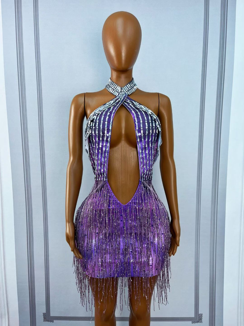 CELESINYI Ziyangguang Crystal Purple Fringe Mini Dress