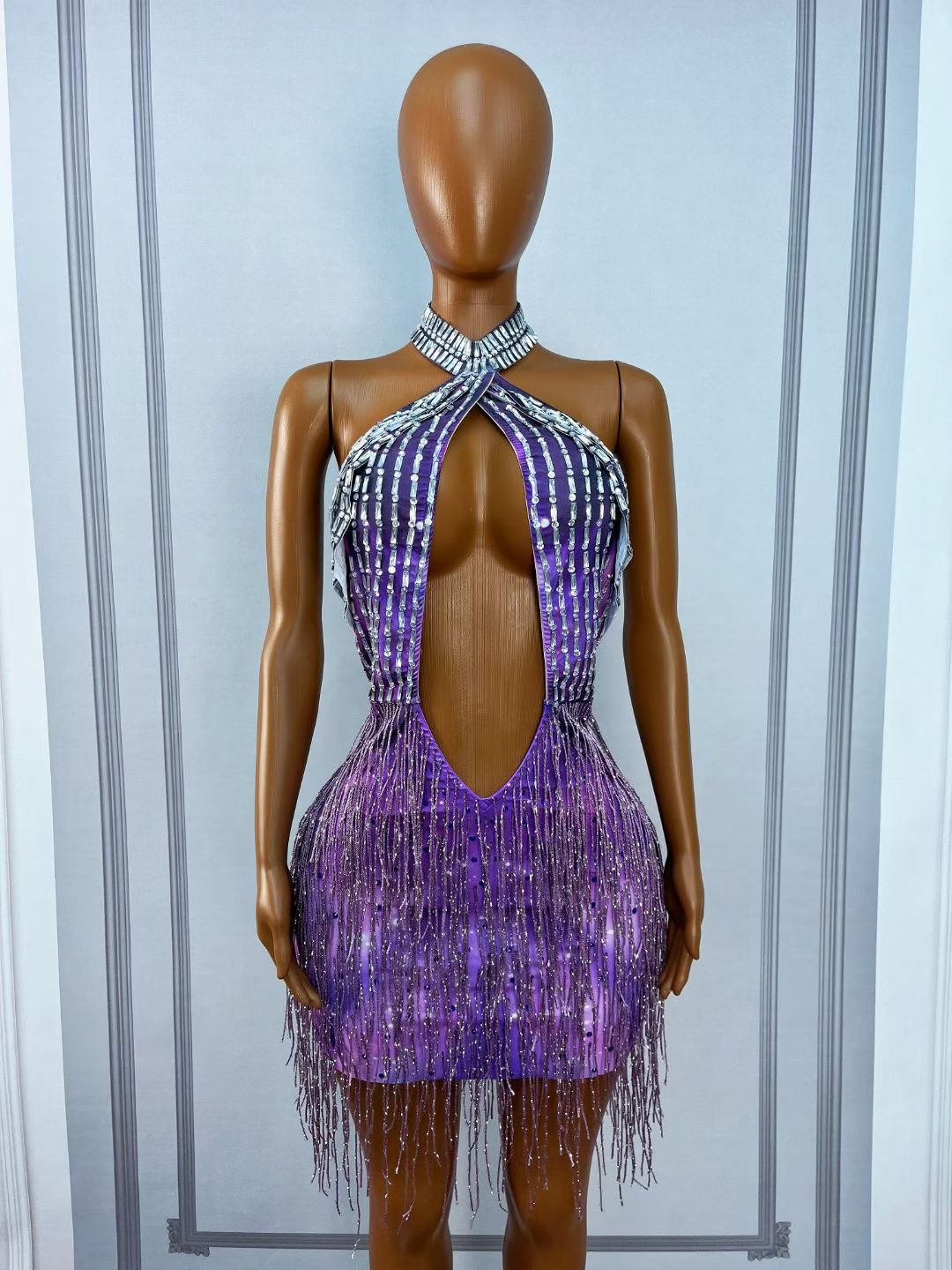 CELESINYI Ziyangguang Crystal Purple Fringe Mini Dress