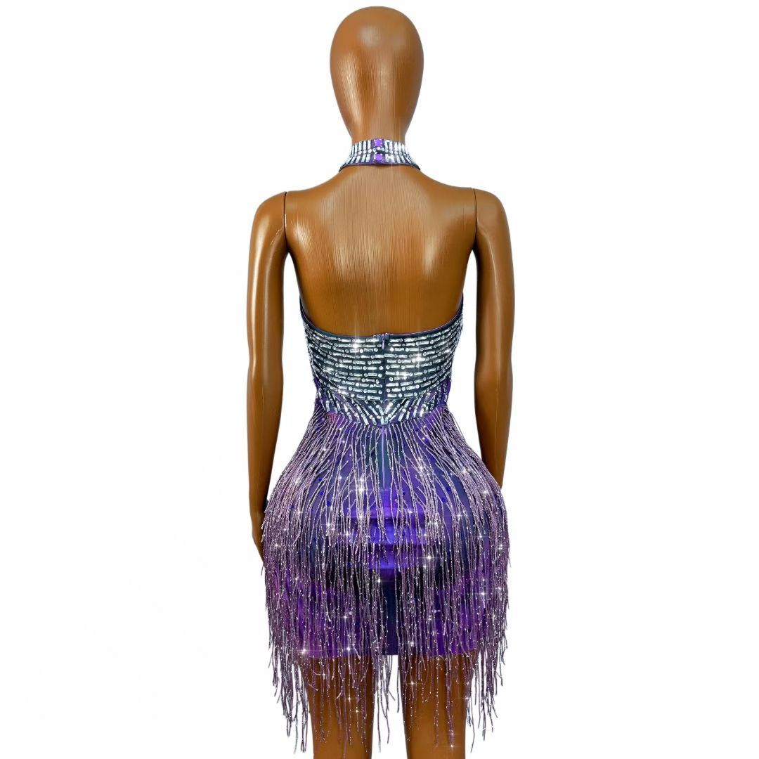 CELESINYI Ziyangguang Crystal Purple Fringe Mini Dress