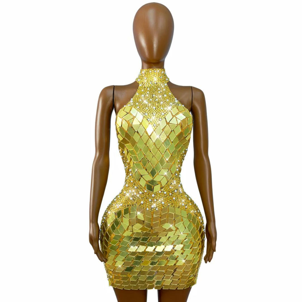 CELESINYI Jinpipa Crystal Gold Mirror Mini Dress