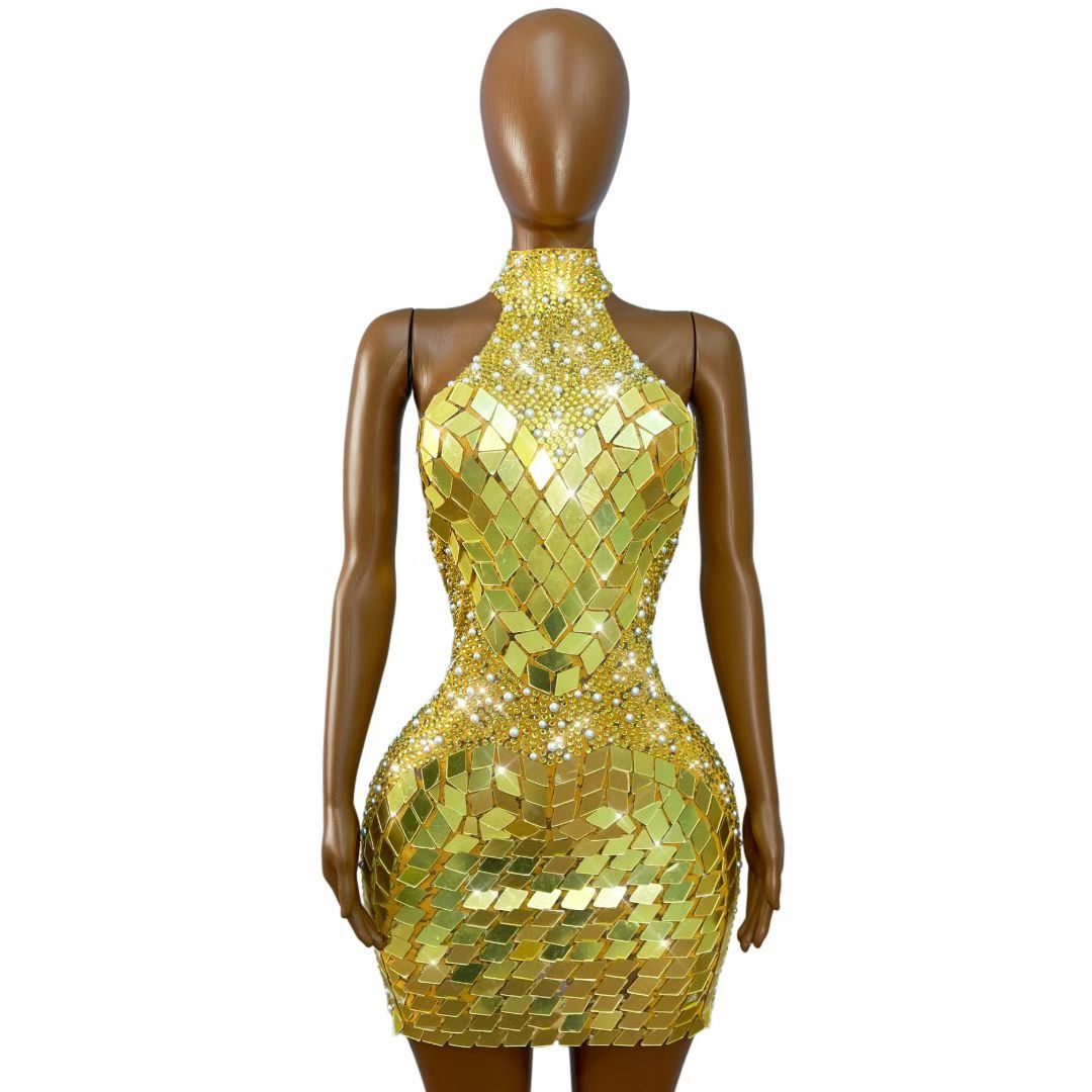 CELESINYI Jinpipa Crystal Gold Mirror Mini Dress