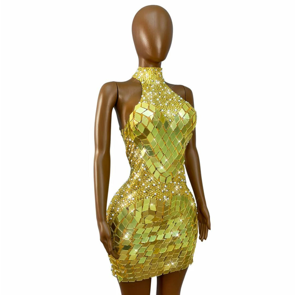 CELESINYI Jinpipa Crystal Gold Mirror Mini Dress