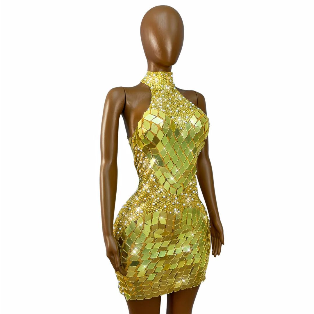 CELESINYI Jinpipa Crystal Gold Mirror Mini Dress