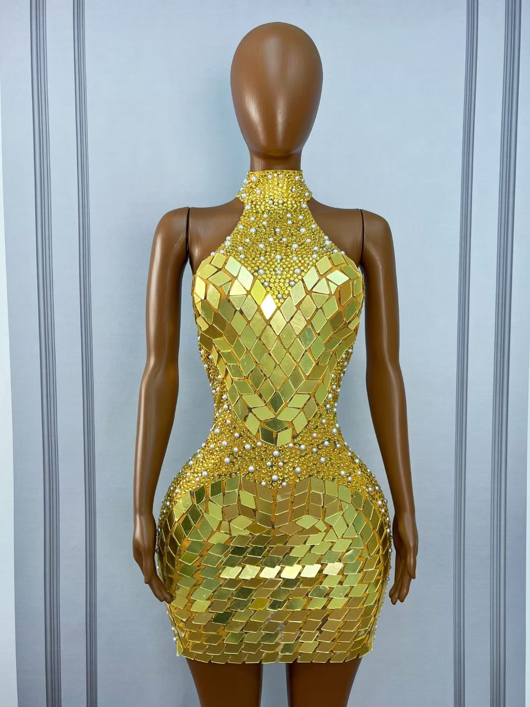 CELESINYI Jinpipa Crystal Gold Mirror Mini Dress