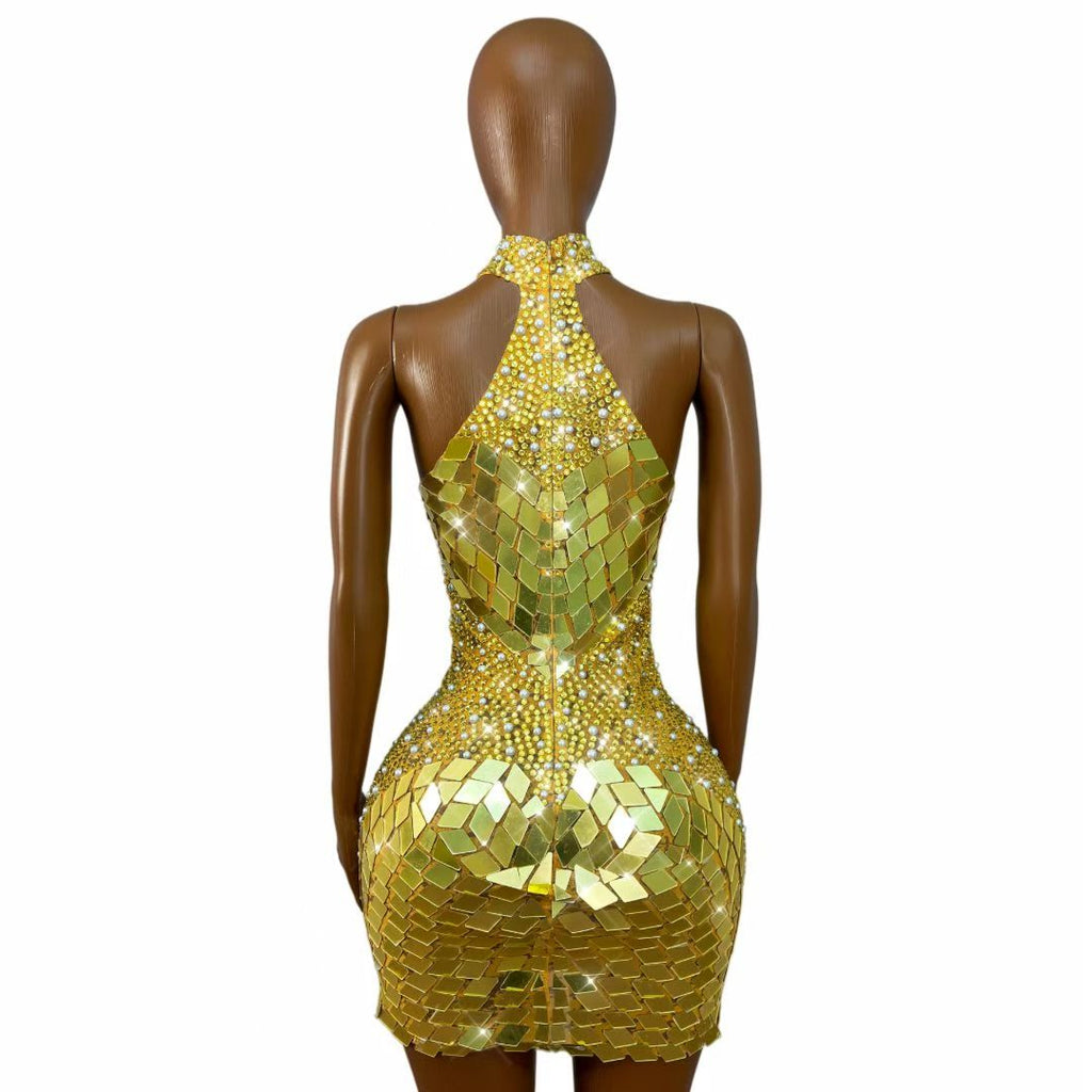 CELESINYI Jinpipa Crystal Gold Mirror Mini Dress