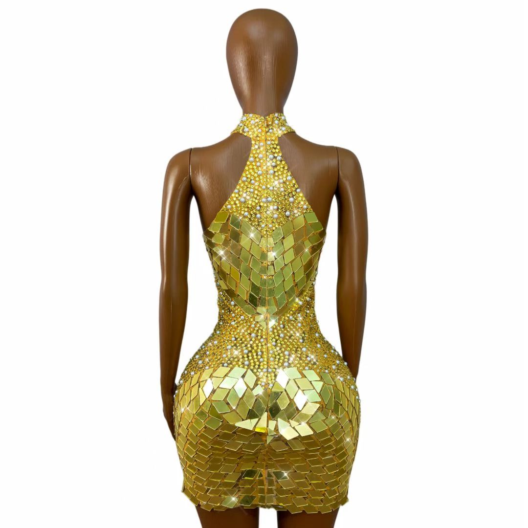 CELESINYI Jinpipa Crystal Gold Mirror Mini Dress