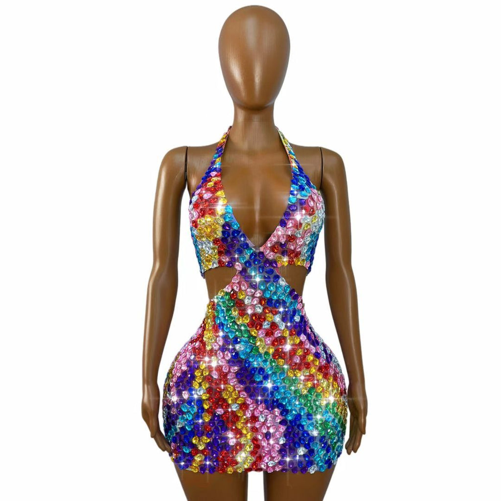 CELESINYI Youhuapan Rainbow Crystal Halter Mini Dress