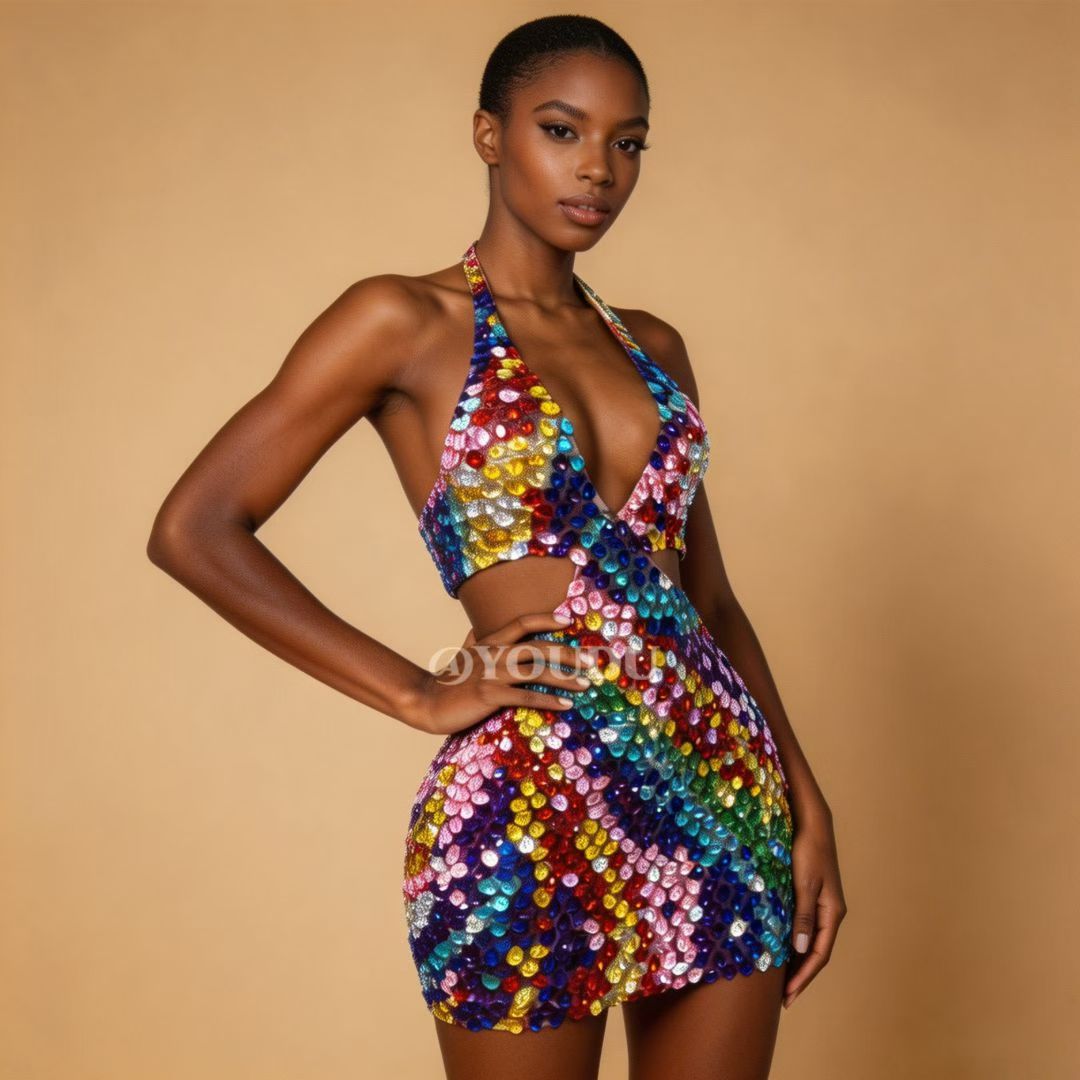 CELESINYI Youhuapan Rainbow Crystal Halter Mini Dress