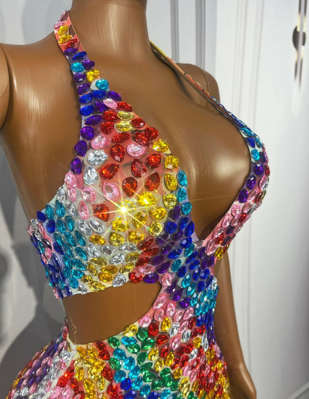 CELESINYI Youhuapan Rainbow Crystal Halter Mini Dress