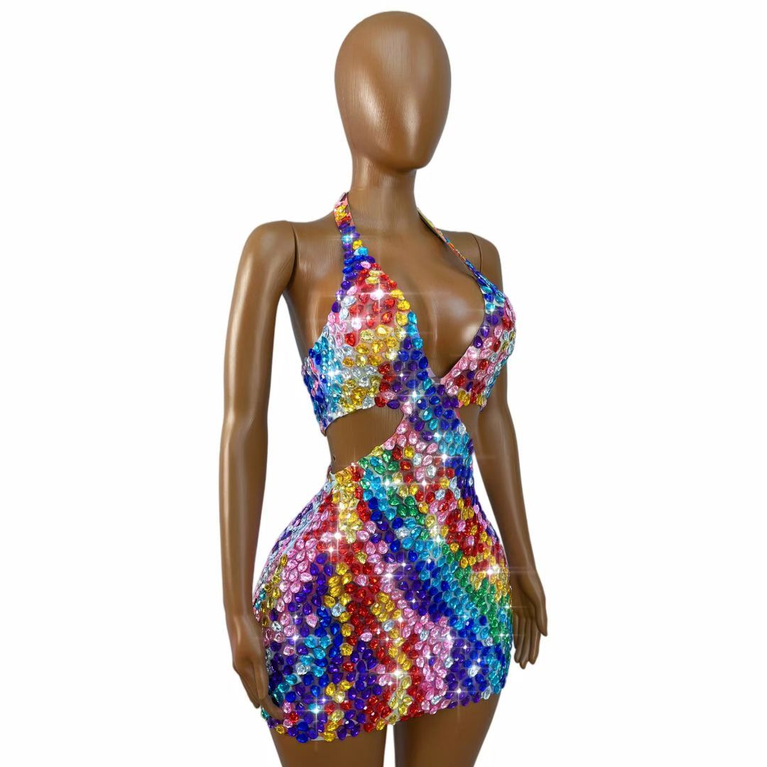 CELESINYI Youhuapan Rainbow Crystal Halter Mini Dress