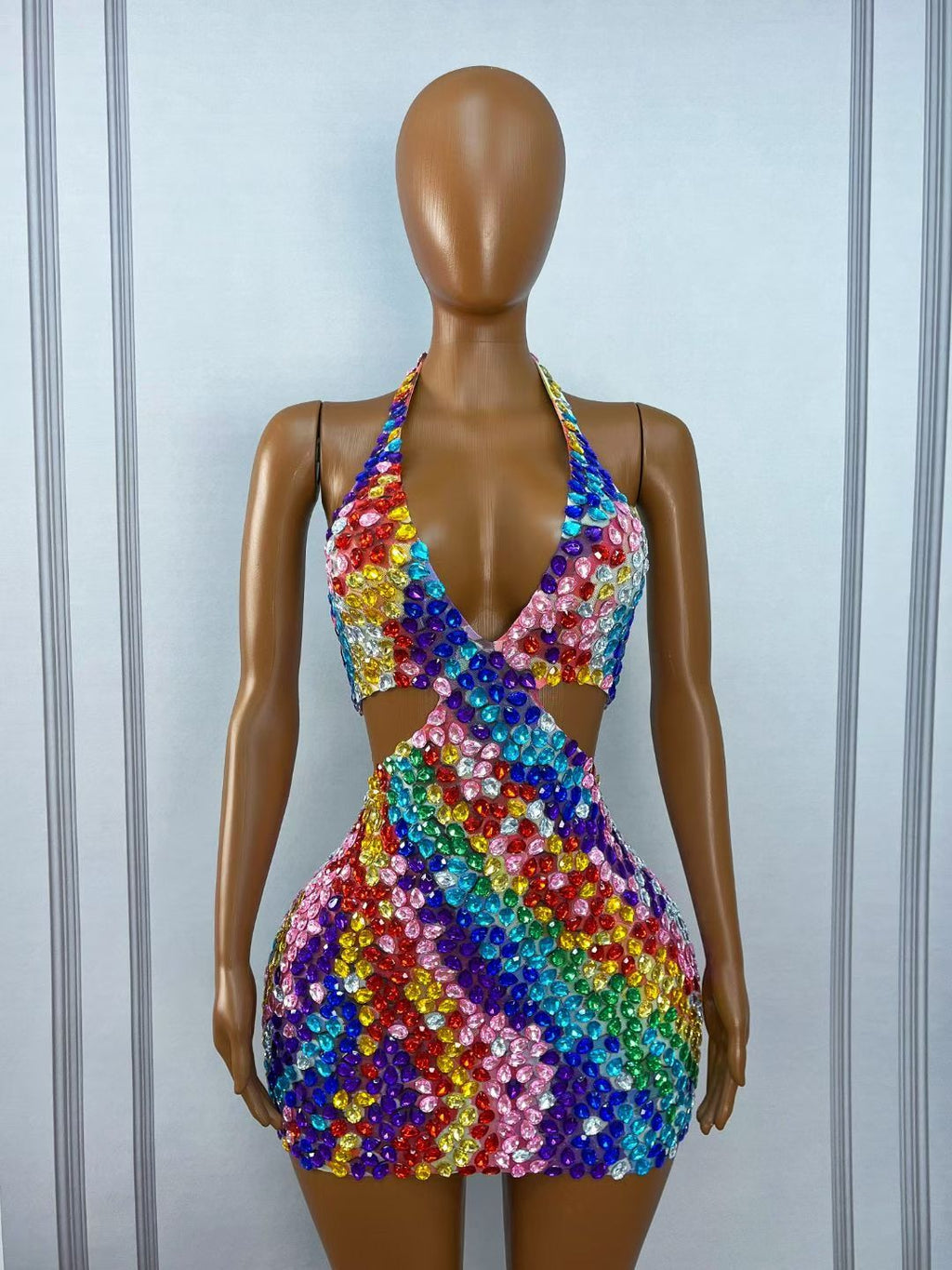 CELESINYI Youhuapan Rainbow Crystal Halter Mini Dress