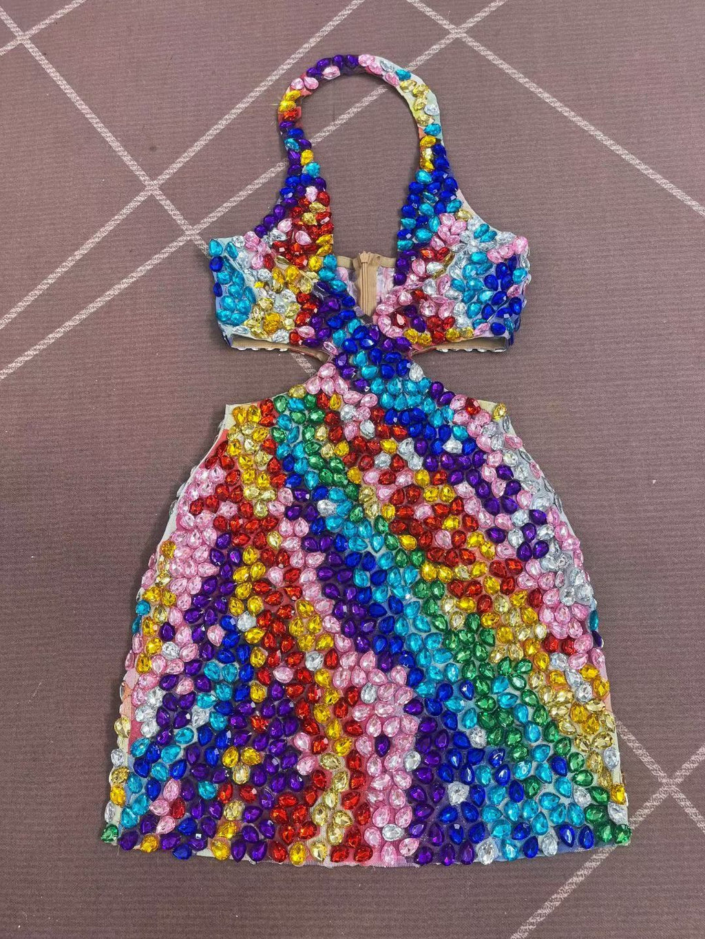 CELESINYI Youhuapan Rainbow Crystal Halter Mini Dress