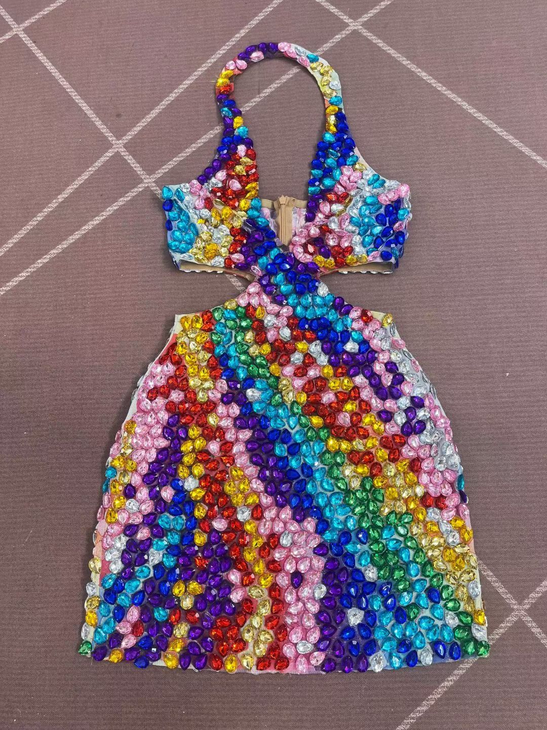 CELESINYI Youhuapan Rainbow Crystal Halter Mini Dress