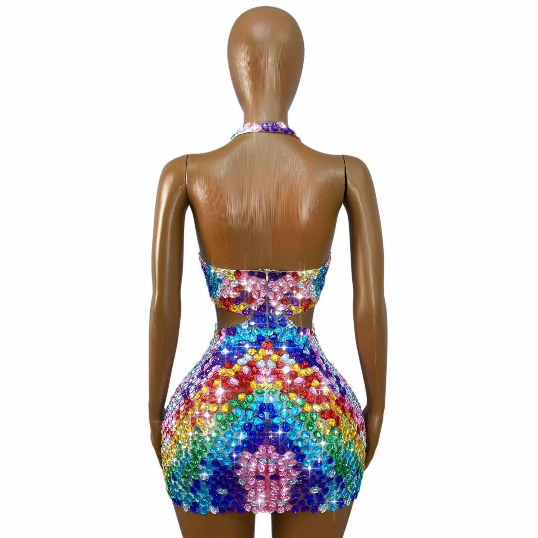 CELESINYI Youhuapan Rainbow Crystal Halter Mini Dress