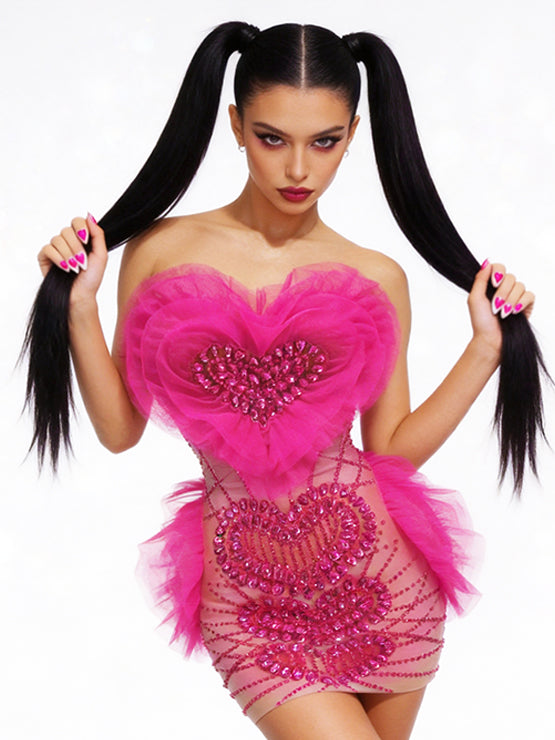 CELESINYI Dongxin Crystal Pink Heart Mini Dress