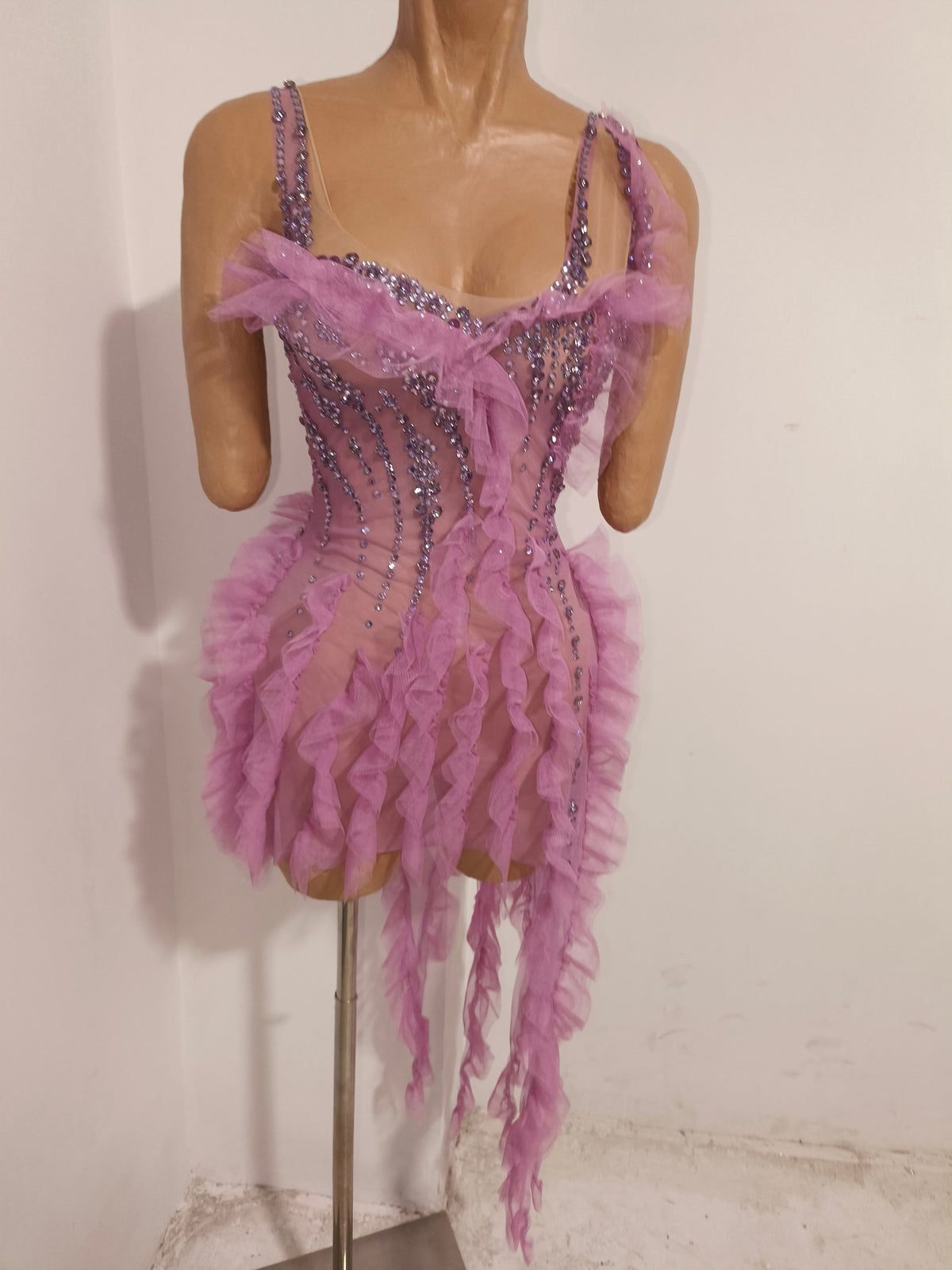 CELESINYI Xiangling Crystal Lavender Ruffle Mini Dress