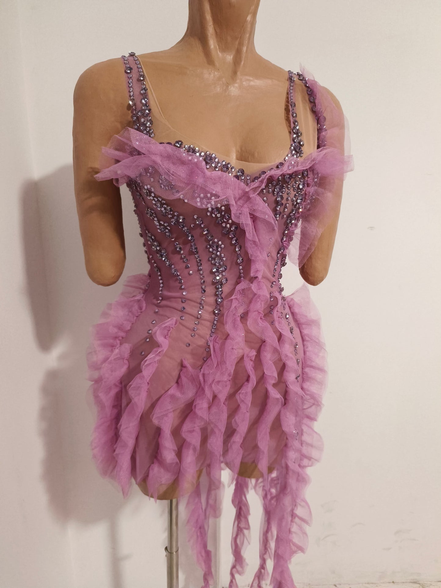 CELESINYI Xiangling Crystal Lavender Ruffle Mini Dress