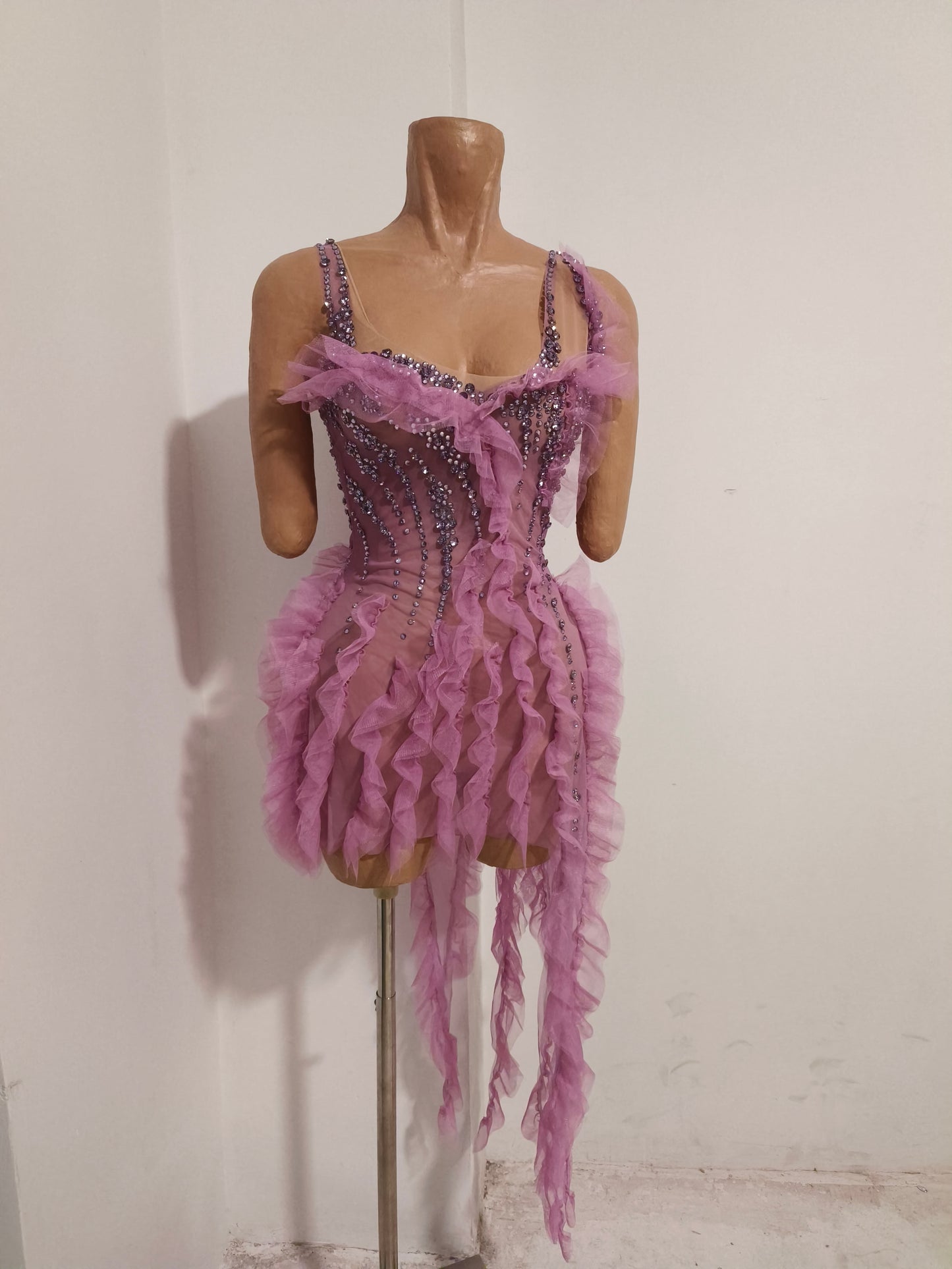 CELESINYI Xiangling Crystal Lavender Ruffle Mini Dress