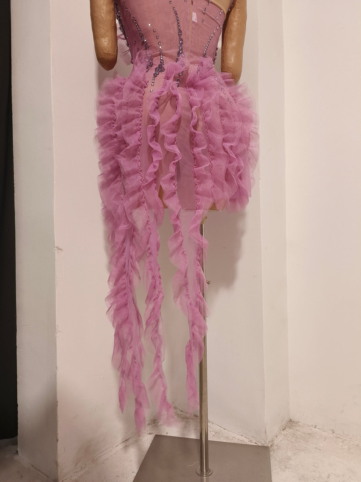 CELESINYI Xiangling Crystal Lavender Ruffle Mini Dress