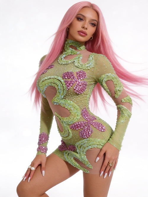 CELESINYI Chunhua Crystal Green Floral Bodysuit