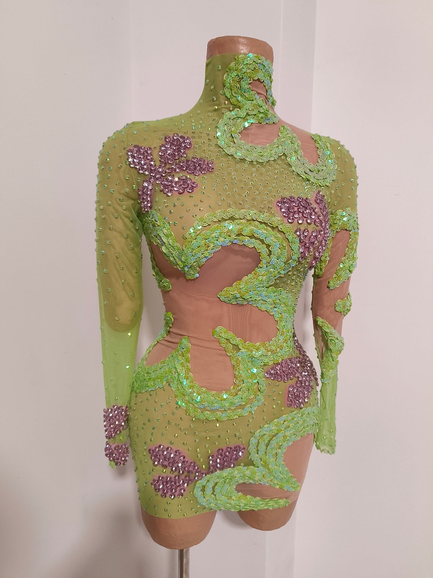 CELESINYI Chunhua Crystal Green Floral Bodysuit