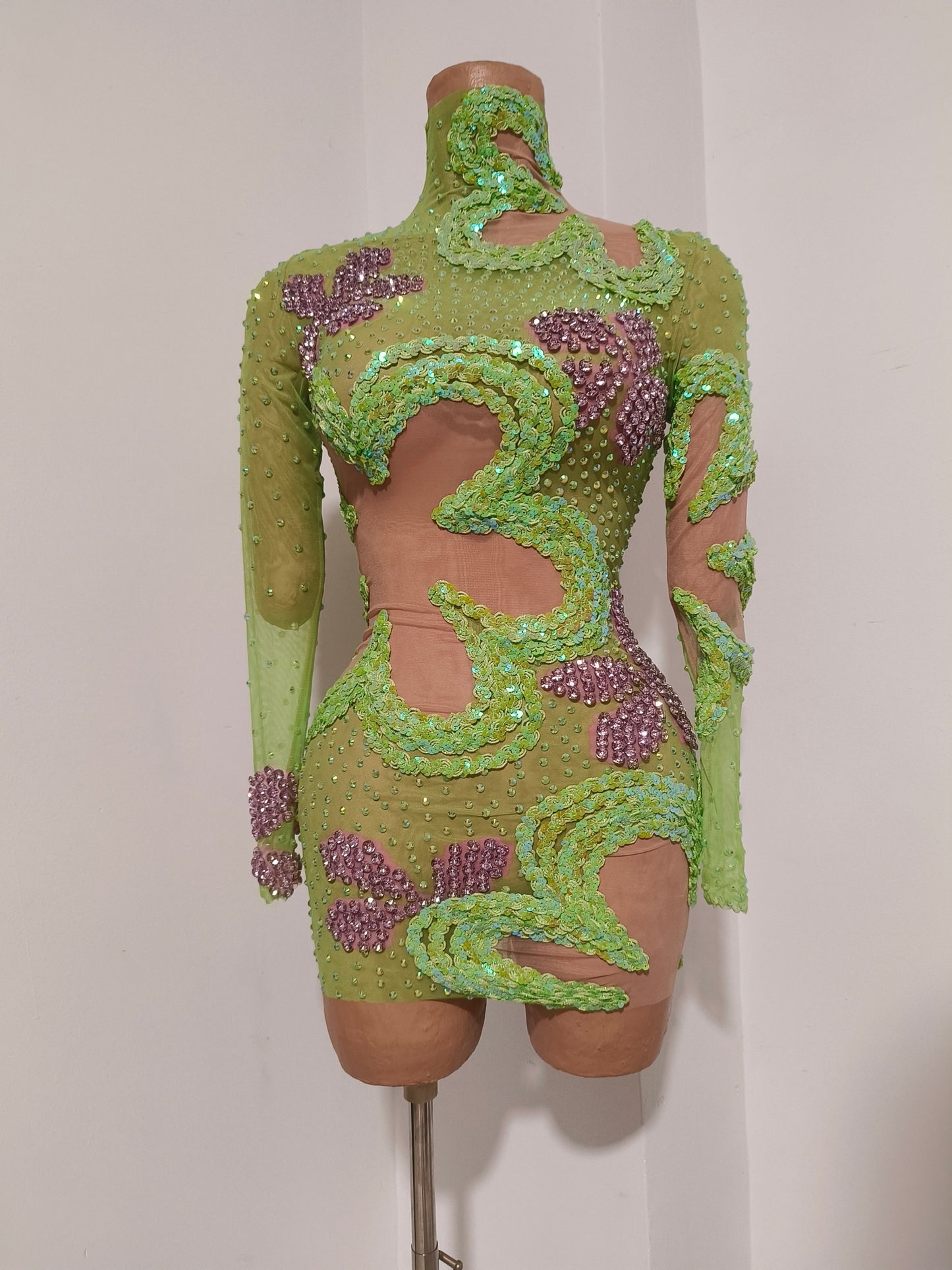 CELESINYI Chunhua Crystal Green Floral Bodysuit
