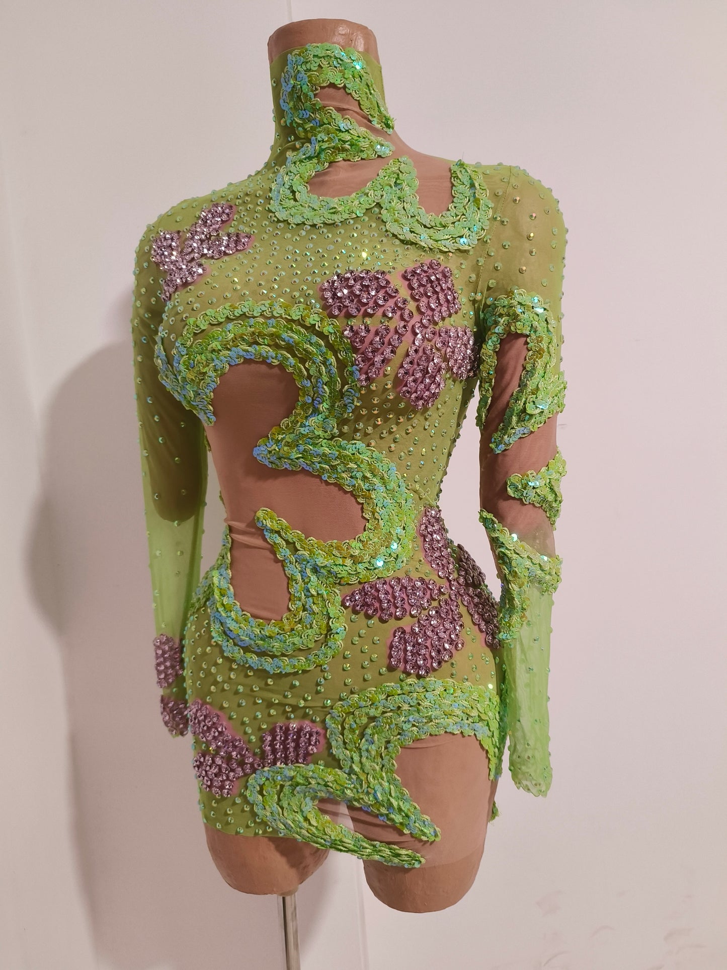 CELESINYI Chunhua Crystal Green Floral Bodysuit
