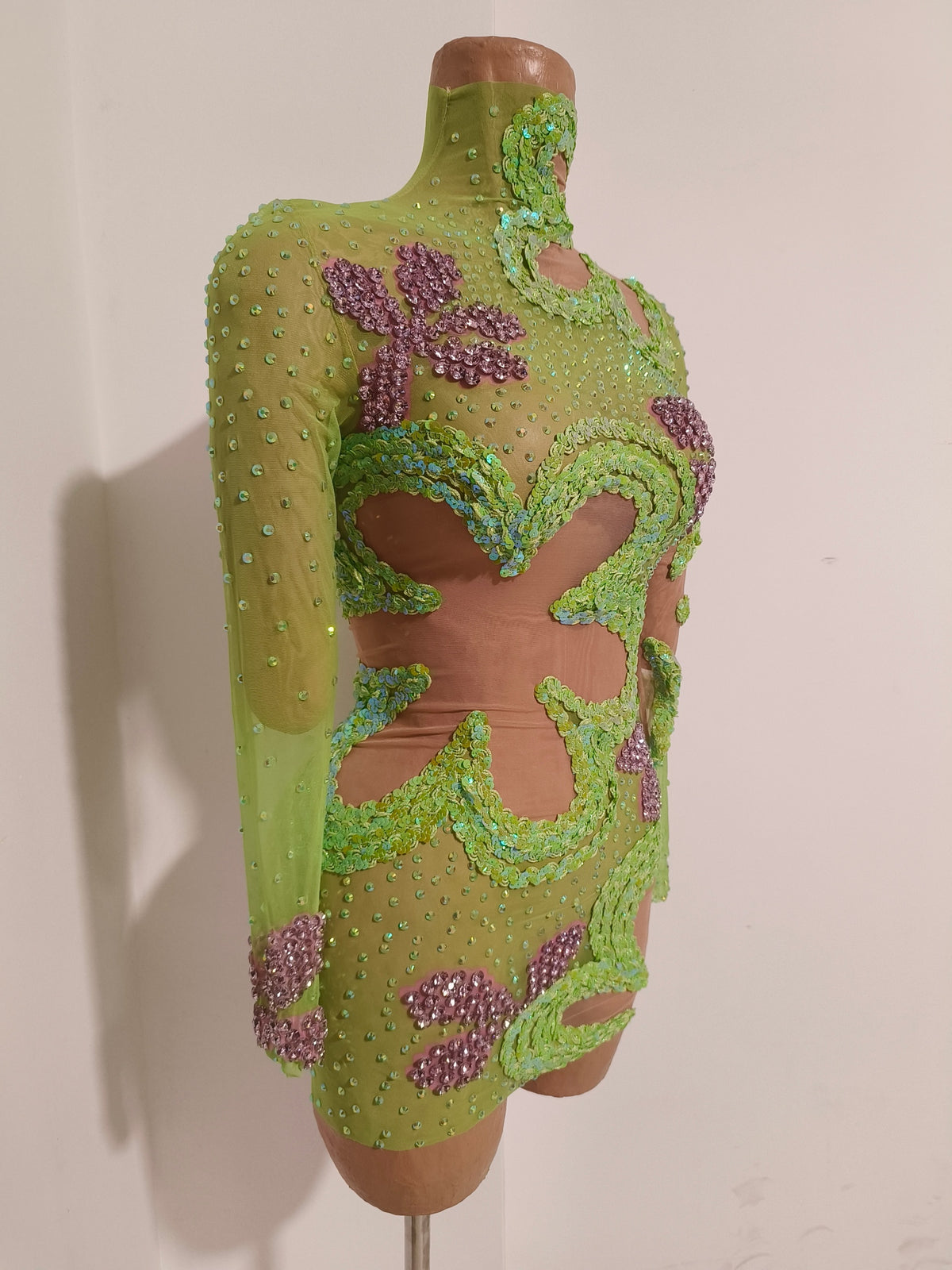 CELESINYI Chunhua Crystal Green Floral Bodysuit