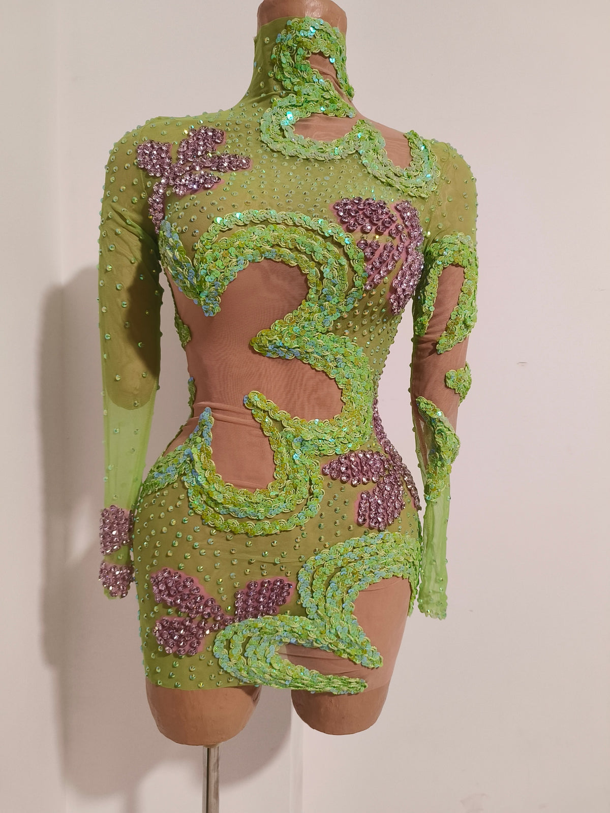 CELESINYI Chunhua Crystal Green Floral Bodysuit
