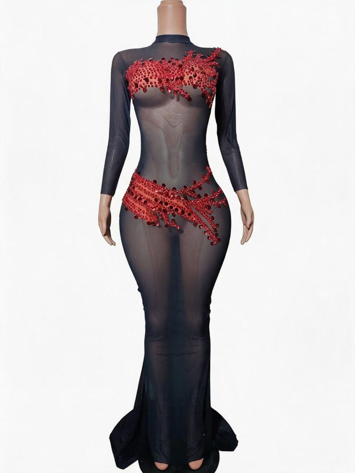 CELESINYI Shuli Crystal Red Coral Mesh Gown