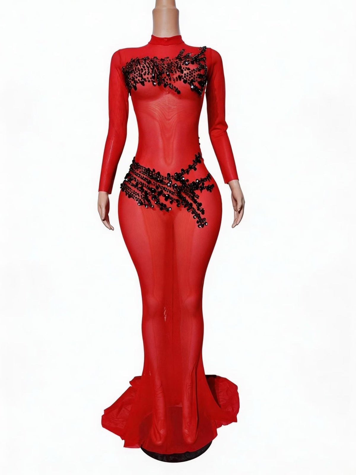 CELESINYI Shuli Crystal Red Coral Mesh Gown