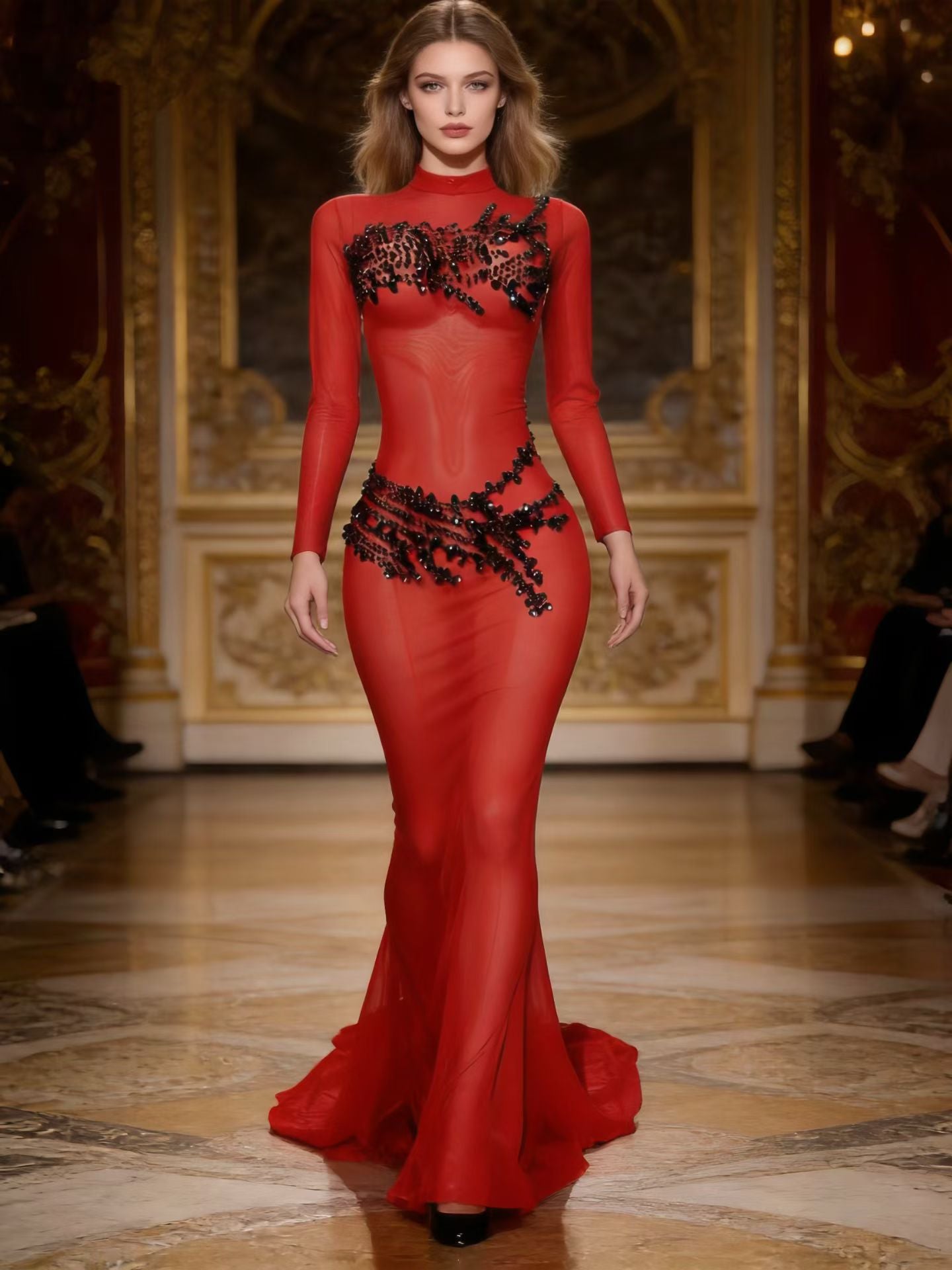 CELESINYI Shuli Crystal Red Coral Mesh Gown