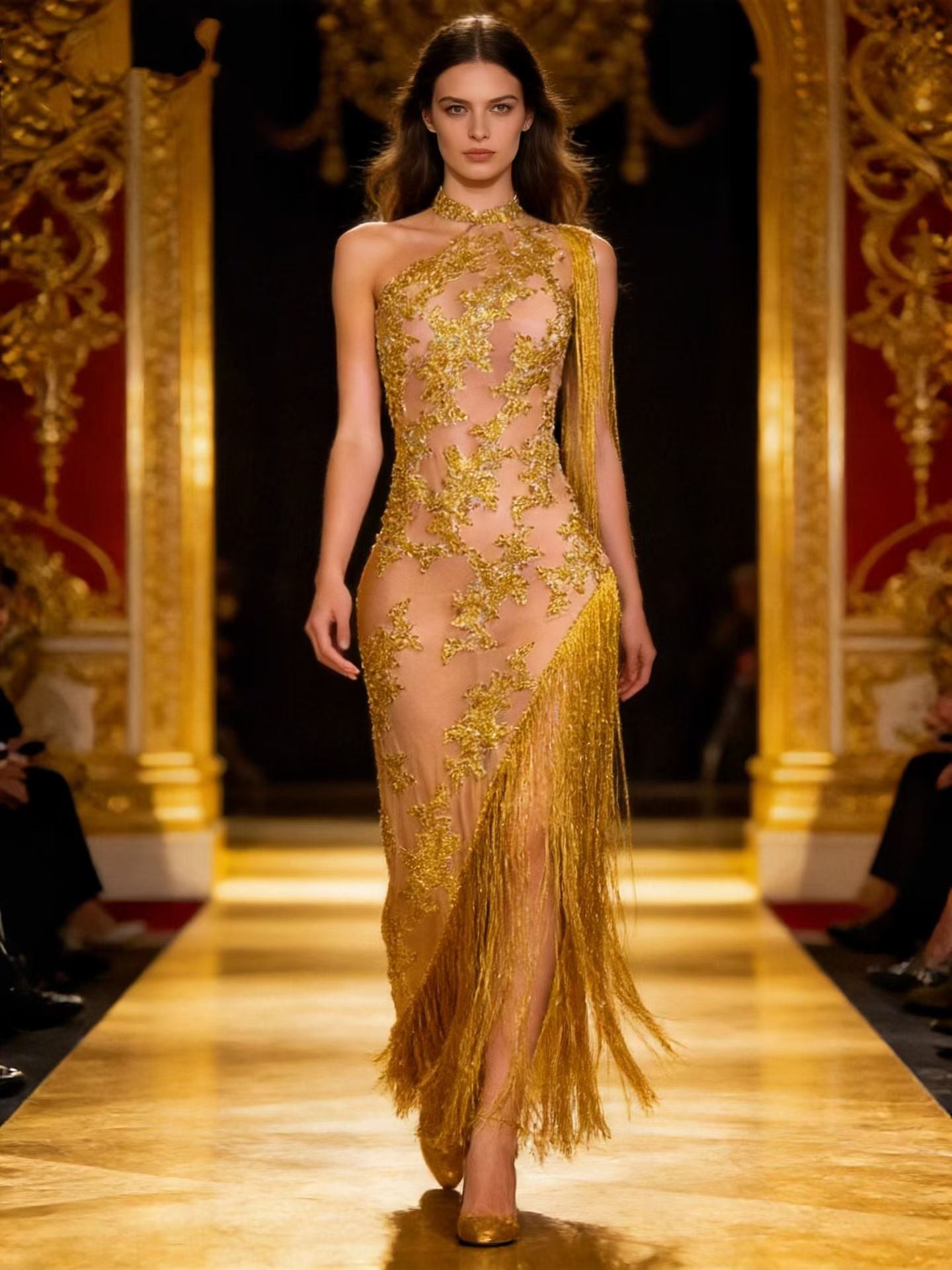 CELESINYI Jindao Crystal Gold Floral Fringe Gown
