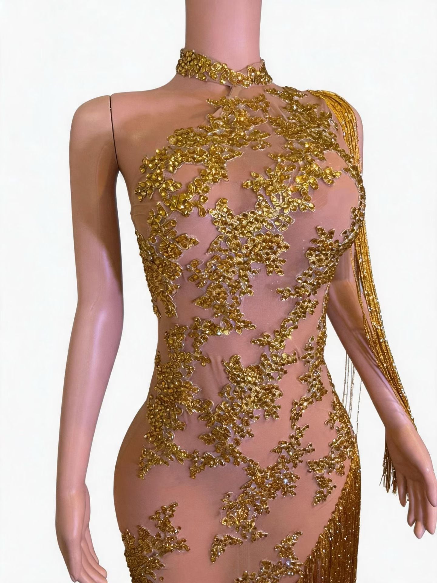 CELESINYI Jindao Crystal Gold Floral Fringe Gown