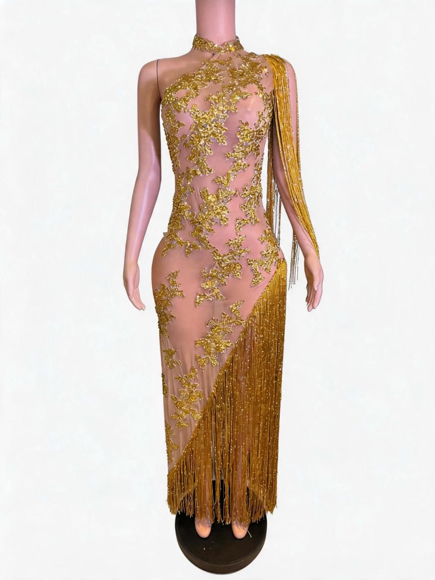 CELESINYI Jindao Crystal Gold Floral Fringe Gown